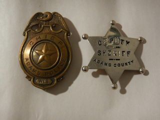 Vintage Obsolete Police Chief Deputy Sheriff Adams County Wisconsin Wi Badge Set