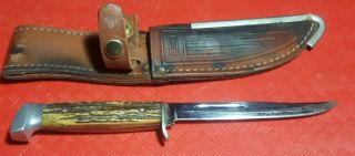 Vtg Case Stag Handle Fixed Blade Hunting Knife W/case Xx Leather Sheath