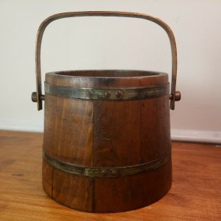 Vintage Rustic Small Wooden Bucket W/ Metal Bands & Swing Peg Wood Handle