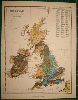 1878 Antique Map British Isles Geological Volcanic Igneous Rocks Triassic