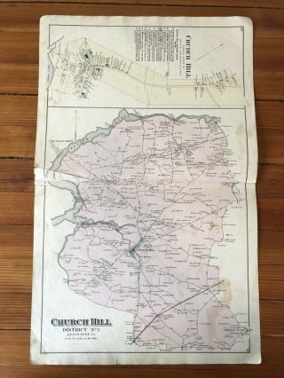 Rare 1877 Maryland Hand Color Street Map Of Church Hill Queen Annes County,  Ads