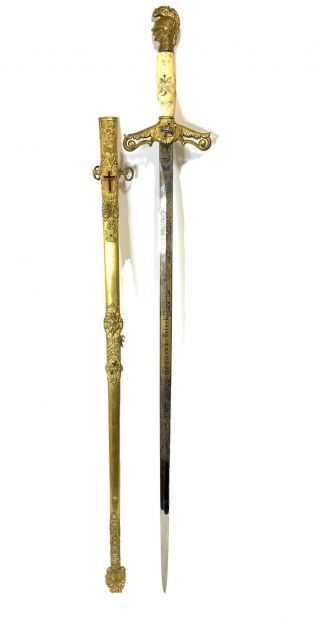 Vintage Ornate Masonic York Rite Knights Templar Ceremonial Sword W/ Scabbard 1