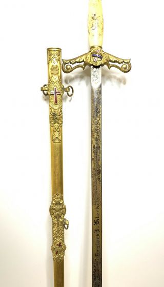 Vintage Ornate Masonic York Rite Knights Templar Ceremonial Sword W/ Scabbard 1 5