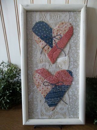 Primitive Quilt Hearts In Painted Wood Frame - Valentines/year Round Decoration