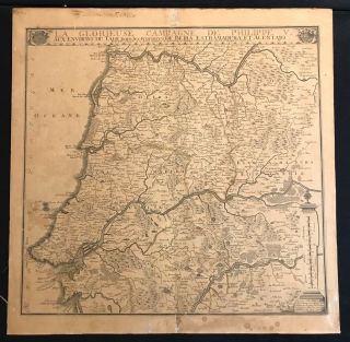 Antique Map Of Portugal 1704 Nicolas De Fer Hand Colored Engraving 20” Square