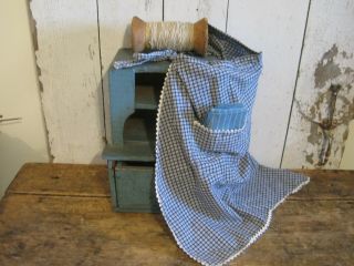 Old Primitive Blue White Homespun Fabric Apron With Pocket Plus Ties American