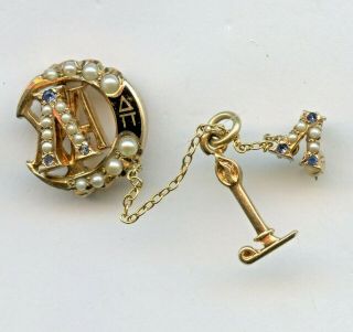 Lambda Chi Alpha Fraternity 10k Gold W/ Seed Pearls & Blue Sapphires Pin