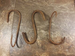 Antique Set Of 3 Old Cast Iron Barn Farm - Old Iron Meat Hooks (3)