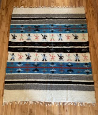 Vintage Artisan Handwoven Mayan Guatemalan Wool Blanket Folk Art 79”x59”