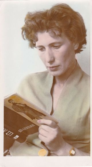 1960s Big Pretty Woman Reading Book About Chaliapin Hand Tinted Russian Photo