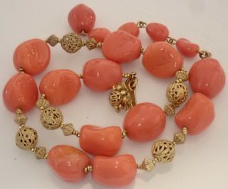 Vintage Miriam Haskell Gold Gilt Brass Coral Art Glass Bead Necklace
