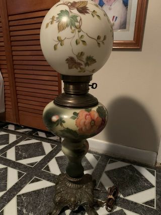 Gorgeous Old Vintage Hand Painted Milk Glass Claw Foot Hurricane Lamp Roses