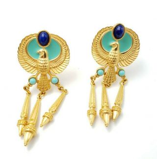Vintage “elizabeth Taylor For Avon” Egyptian Clip Earrings Turquoise Enamel Drop