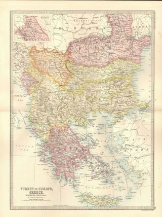 1890 Antique Map - Turkey In Europe,  Greece,  Romania,  Serbia