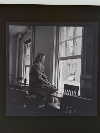 Vintage Photo Negative,  Girl,  Pensive Pose By Window,  Sitting On Desk