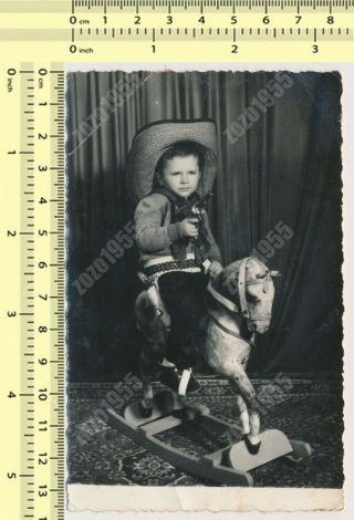 Cowboy Boy Kid Toy Gun Revolver Rocking Horse Child Portrait Vintage Photo Orig.