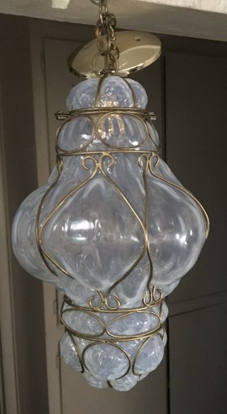 Vintage Murano Italian Blown Glass Hanging Cage Lamp Pure Opalescent Venini