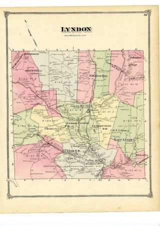 Rare 1875 Map Of Lyndon,  Vermont From Atlas Of Caledonia County W/family Names