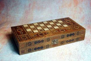 Vintage Micro Inlay Chess Backgammon Board Box Wood Mother Of Pearl