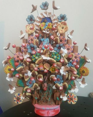 Vtg Mexican Folk Art Pottery Candelabra Tree Of Life Adam Eve Gabriel Snake God
