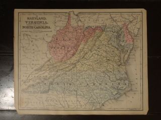 1870 Hand Colored Antique Engraved Map Of Va & West Virginia As Its Own State