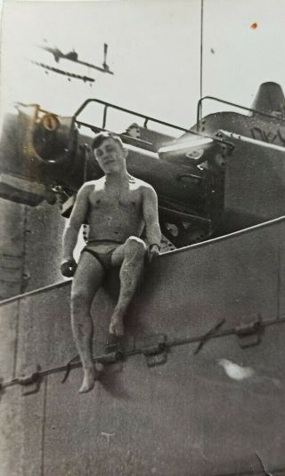 Vintage Photo Muscular Handsome Shirtless Guy Man Sailor Trunks Beach Gay Int