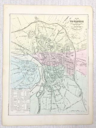 1881 Antique French Map Toulouse City Plan France Rare Hand Coloured Engraving