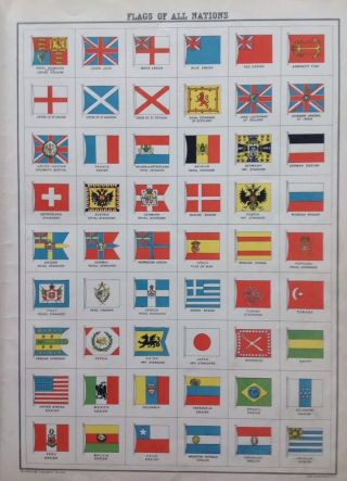 Flags Of The Nations,  C1892 Antique Print,  Bartholomew,  Century Atlas,  Orignal