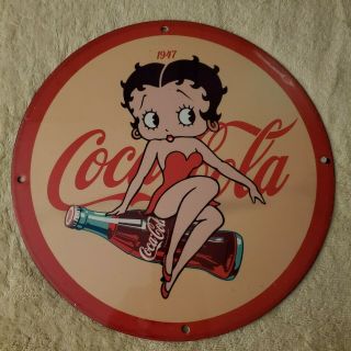 Vintage Porcelain 1947 Coca - Cola Soda Pop Betty Boop Man Cave Garage Rare Sign