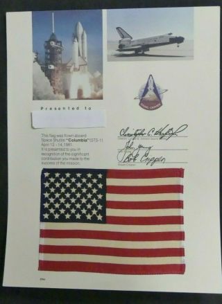 Sts - 1 Space Shuttle Columbia Flown Flag Award Certificate John Young Bob Crippen