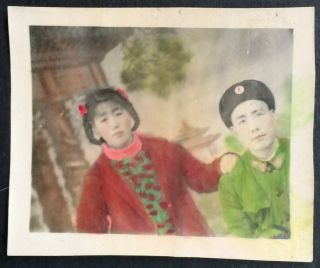 Hand Colored Studio Photo China Pla Couple Chinese Army 1950s Orig.
