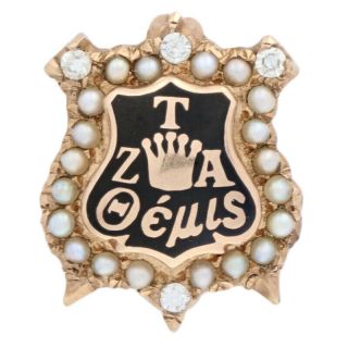Zeta Tau Alpha Badge - 10k Yellow Gold Diamond & Seed Pearl 1958 Sorority Pin