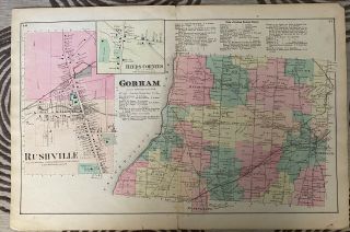 1874 Gorham,  Rushville,  Reeds Corners York Ny Antique Atlas Map - 23 X 15.  5”