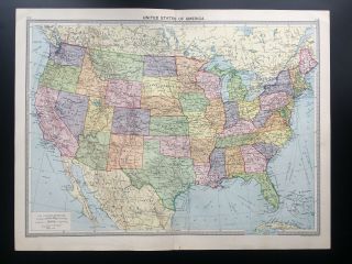 Antique Map Of America Usa United States 1926