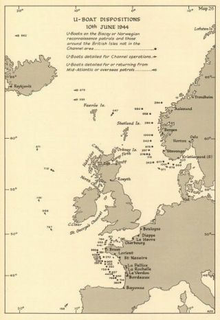 U - Boat Dispositions 10 June 1944.  Atlantic Ocean English Channel Biscay 1961 Map