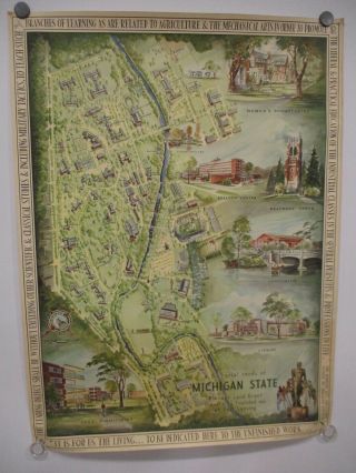 A Pictorial Rendu Map Of Michigan State University 1955 - Rare