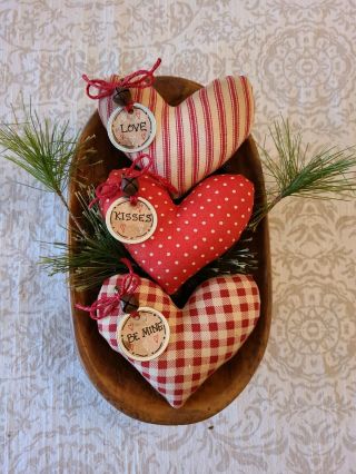 3 Prim Farmhouse Valentine Love Kisses Red Hearts Bowl Fillers Ornaments