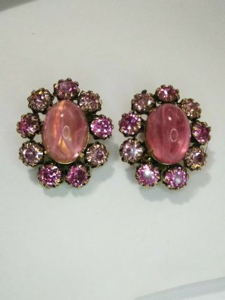 Vintage Gorgeous Schreiner N.  Y Pink Rhinestone Earrings Lge Cabochone Ctr.  Two R