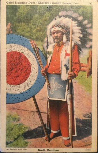 Native American Cherokee Indian Chief Standing Deer,  Vintage Postcard 1940s