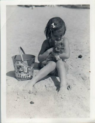 Vintage Photo Cute Little Girl Snuggling Kitten On Beach With Disney Mickey Pail