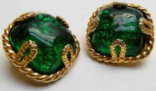 Vintage Dominique Aurientis Paris Gold Tone Green Glass Clip On Earrings