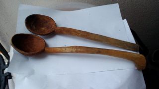 Antique Primitive Old Hand Made /carved Wooden Spoon Paddle Set Of 2