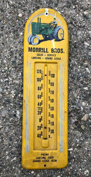 Vtg 1950s John Deere Tractor Thermometer Sign 13” Morrill Bros.  Sales Lansing Mi