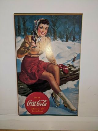 Vintage Coca Cola Cardboard Sign 13.  5 " X22 " Ice Skater Skating Girl Woman Coke