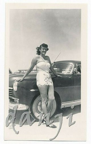 Swimsuit Girl " Irene " In High Heel Shoes Leans On 1948 - 1949 Hudson Car Old Photo