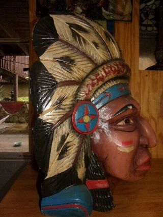 Antique/Vintage Hand Carved Wood Native American Indian Chief Head Cigar Store 3