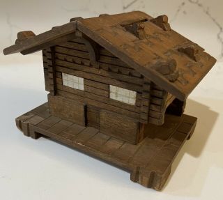 Vintage 40s Folk Art Hand Made Wood Log Cabin Money Bank W/ Mica Windows