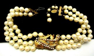 Rare Vintage 15 " Signed Miriam Haskell Faux Pearl Rhinestone Choker Necklace A14