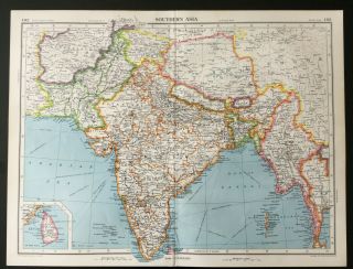 Vintage Map Of Southern Asia India Burma Kashmir Tibet 1952