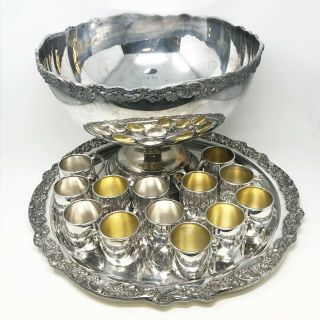 Vintage Fb Rogers Silver Plate Punch Bowl W Tray And Thirteen Cups